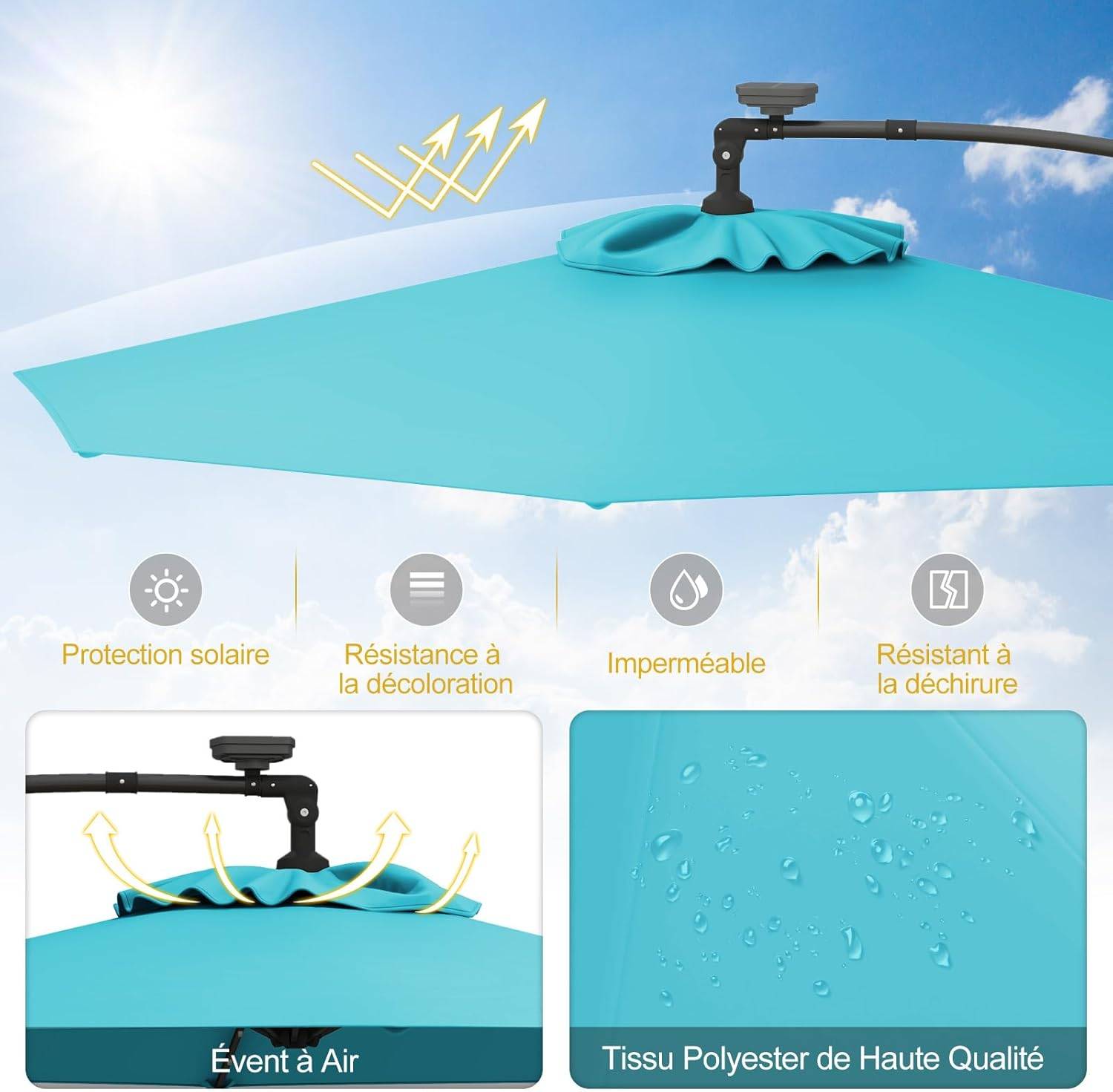 Costway - Parasol Déporté Excentré 3M, 32 LED Solaire, Inclinable et Rotation à 360°, 8 Baleines, Base Croisée, Parasol à Manivelle (Turquoise) - Image 6