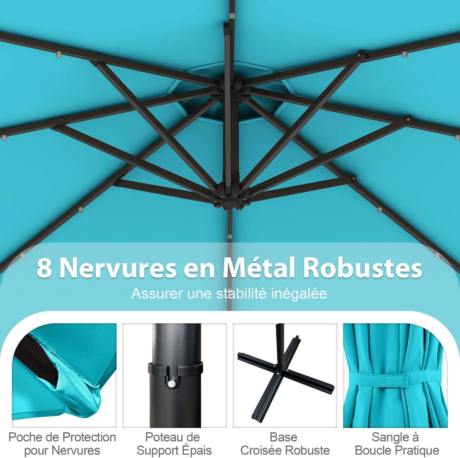 Costway - Parasol Déporté Excentré 3M, 32 LED Solaire, Inclinable et Rotation à 360°, 8 Baleines, Base Croisée, Parasol à Manivelle (Turquoise) - Image 9