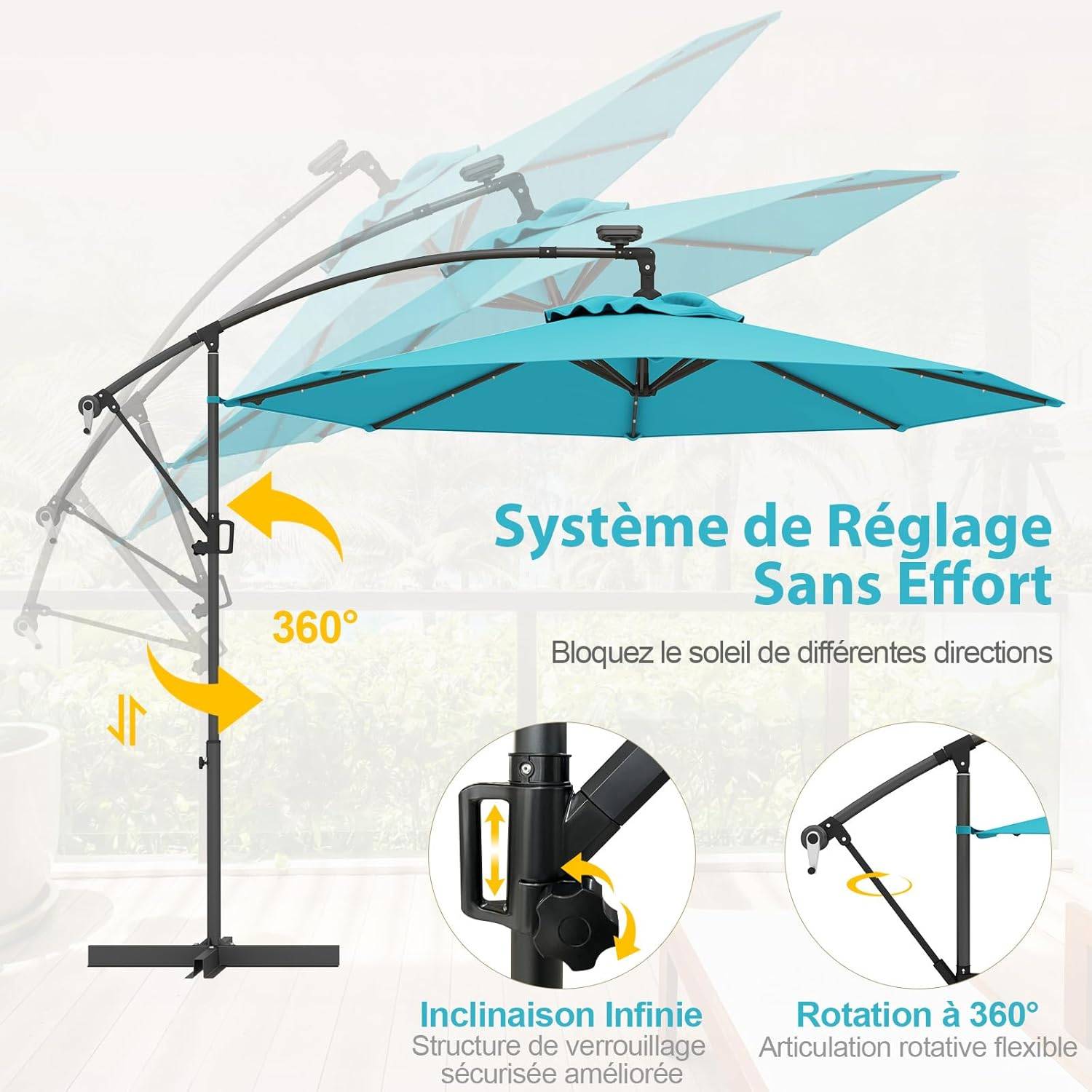 Costway - Parasol Déporté Excentré 3M, 32 LED Solaire, Inclinable et Rotation à 360°, 8 Baleines, Base Croisée, Parasol à Manivelle (Turquoise) - Image 8