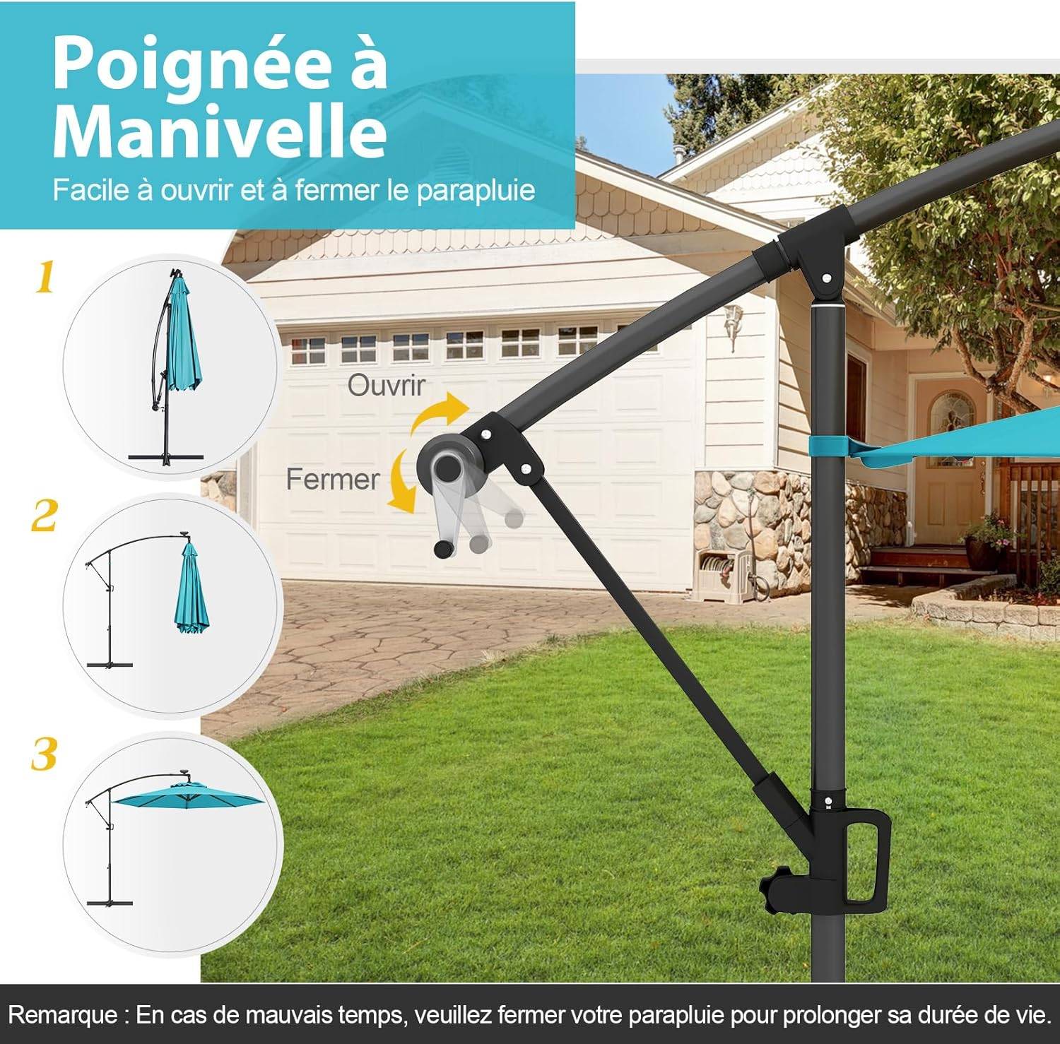 Costway - Parasol Déporté Excentré 3M, 32 LED Solaire, Inclinable et Rotation à 360°, 8 Baleines, Base Croisée, Parasol à Manivelle (Turquoise) - Image 7