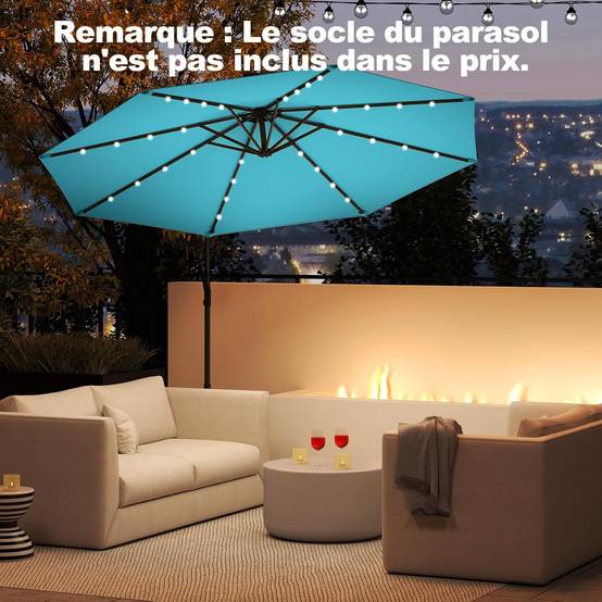Costway - Parasol Déporté Excentré 3M, 32 LED Solaire, Inclinable et Rotation à 360°, 8 Baleines, Base Croisée, Parasol à Manivelle (Turquoise) - Image 2
