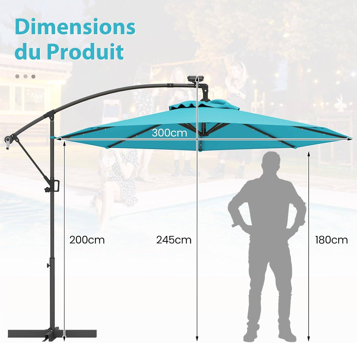 Costway - Parasol Déporté Excentré 3M, 32 LED Solaire, Inclinable et Rotation à 360°, 8 Baleines, Base Croisée, Parasol à Manivelle (Turquoise) - Image 3