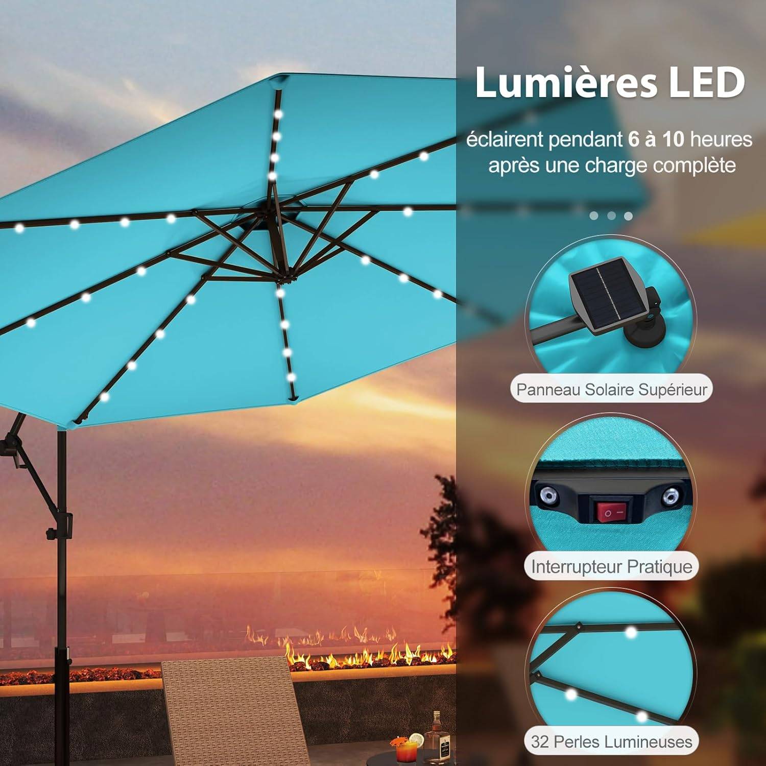 Costway - Parasol Déporté Excentré 3M, 32 LED Solaire, Inclinable et Rotation à 360°, 8 Baleines, Base Croisée, Parasol à Manivelle (Turquoise) - Image 5