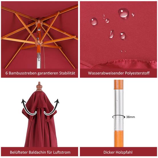 ComfortXL - Parasol rectangulaire bois terrasse inclinable anti UV 200x150cm rouge - ComfortXL Outdoor Living - Image 8