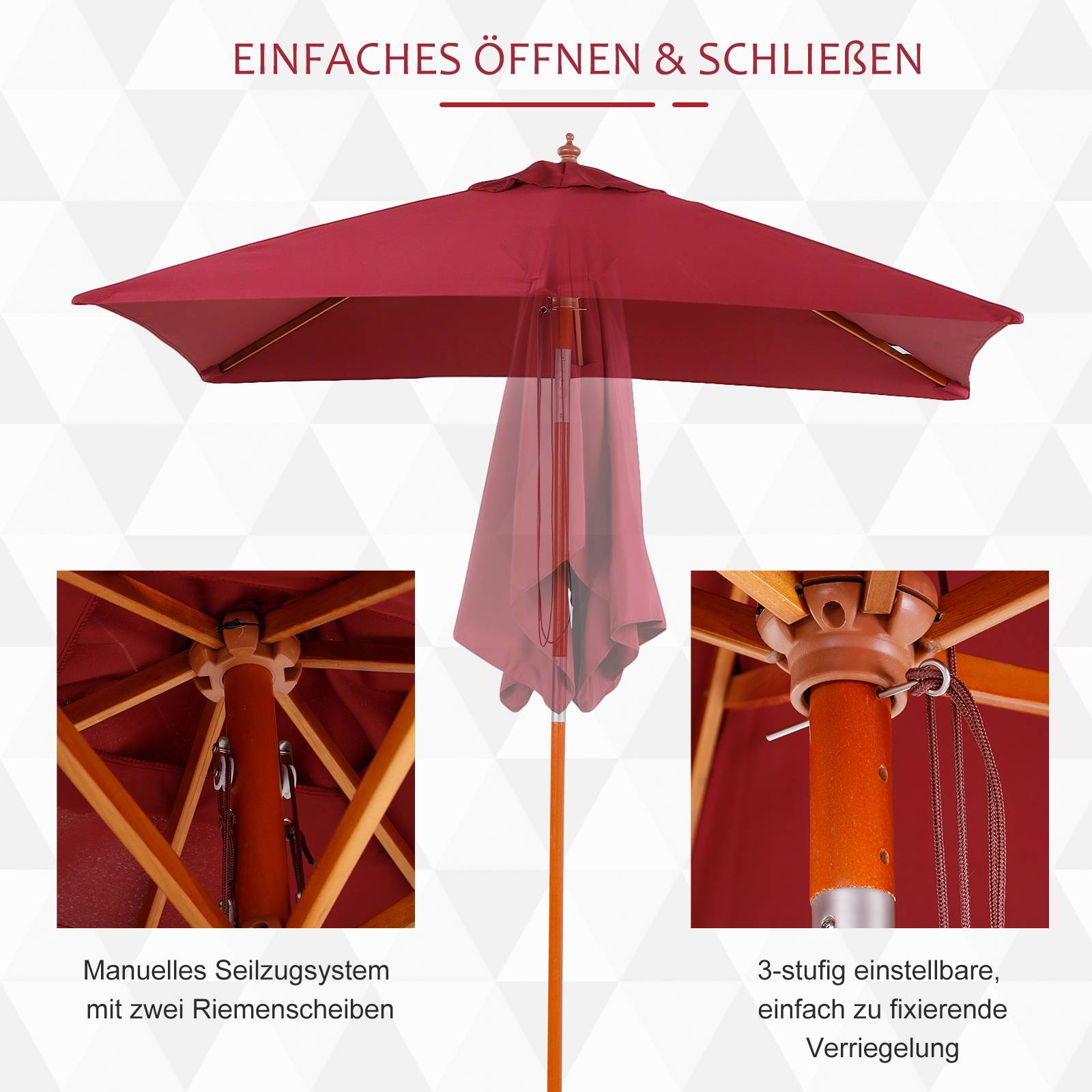 ComfortXL - Parasol rectangulaire bois terrasse inclinable anti UV 200x150cm rouge - ComfortXL Outdoor Living - Image 7
