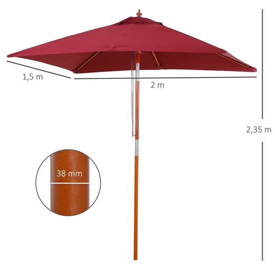 ComfortXL - Parasol rectangulaire bois terrasse inclinable anti UV 200x150cm rouge - ComfortXL Outdoor Living - Image 5