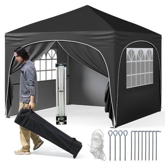 Tonnelle de Jardin 3x3M avec 4 Parois Amovibles Tente de Reception Portable Sac à Roulettes Noir - Image 1