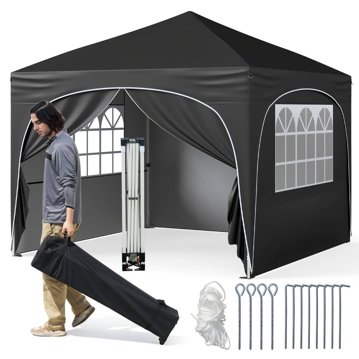 Tonnelle de Jardin 3x3M avec 4 Parois Amovibles Tente de Reception Portable Sac à Roulettes Noir - Image 1