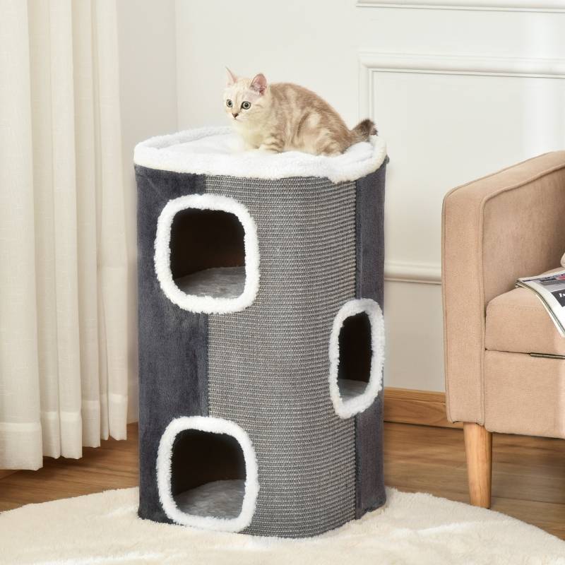 Arbre à chat tour à griffer 3 niveaux, panneau de particules, polyester doux, sisal, gris+blanc 40x40x74cm - Image 2