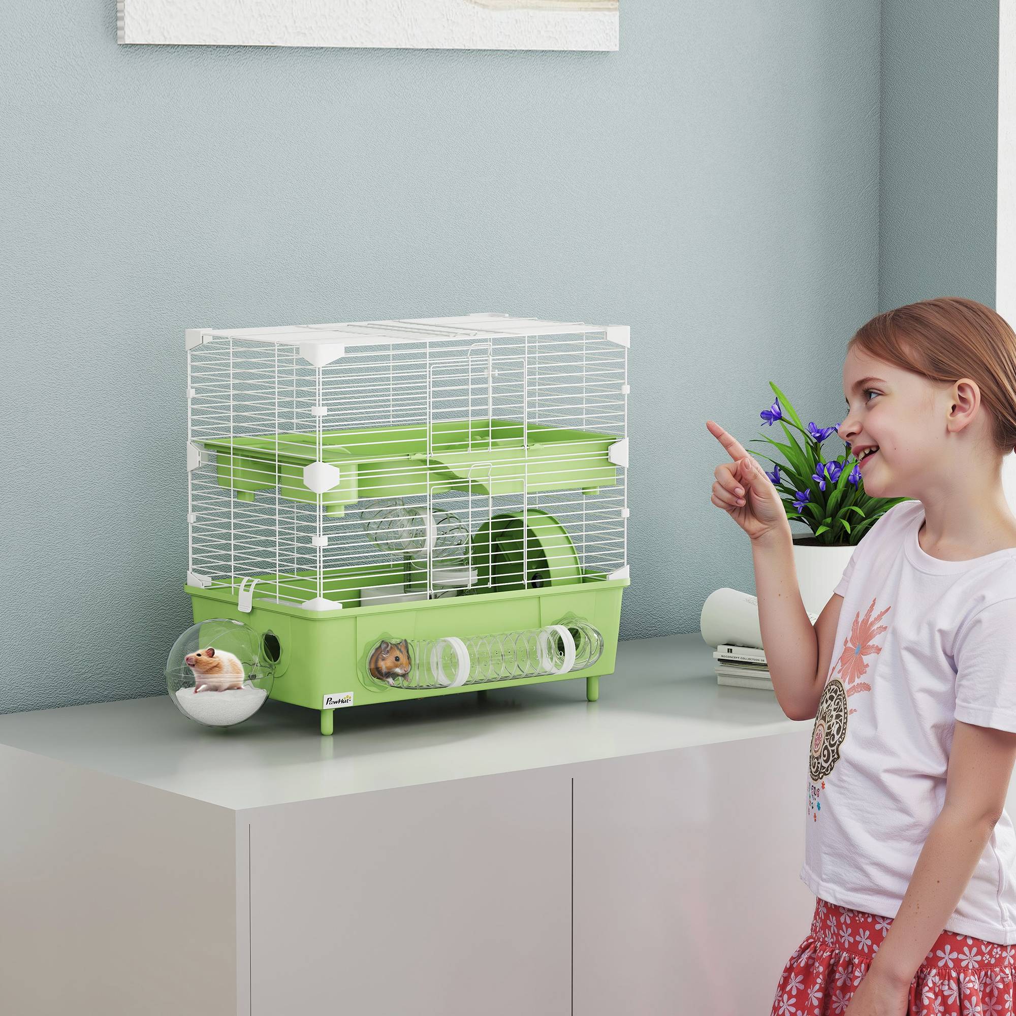Cage Acier PP Hamsters 2 Niveaux Ventilation Optimale Tubes 44x28x44cm Vert - ComfortXL Outdoor Living - Image 3