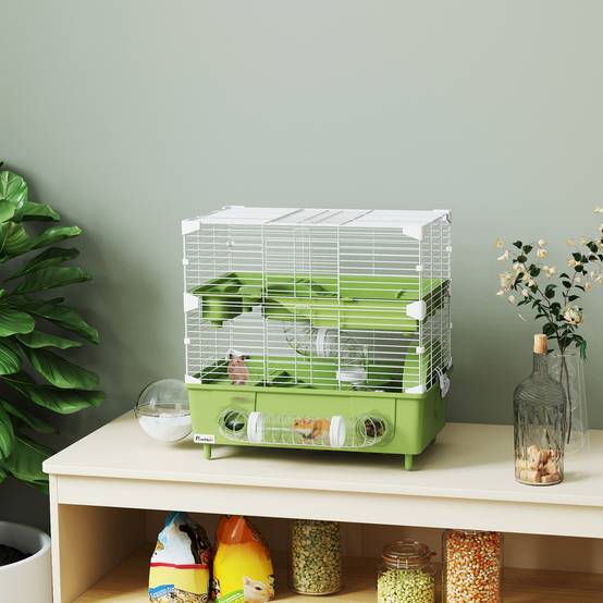 Cage Acier PP Hamsters 2 Niveaux Ventilation Optimale Tubes 44x28x44cm Vert - ComfortXL Outdoor Living - Image 4