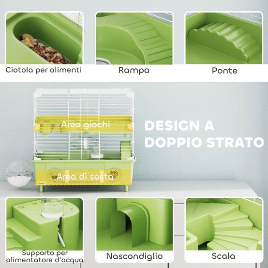 Cage Acier PP Hamsters 2 Niveaux Ventilation Optimale Tubes 44x28x44cm Vert - ComfortXL Outdoor Living - Image 6