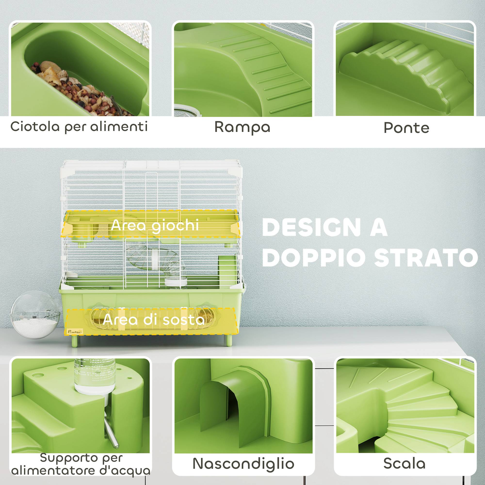 Cage Acier PP Hamsters 2 Niveaux Ventilation Optimale Tubes 44x28x44cm Vert - ComfortXL Outdoor Living - Image 6