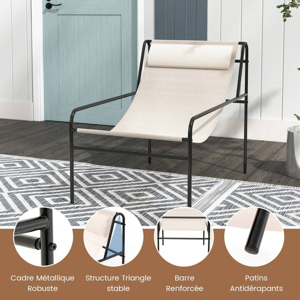 Helloshop26 - Chaise longue de jardin en textilène appui-tête amovible patins antidérapants cadre en métal charge 160 kg beige - Imagen 2