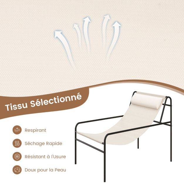 Helloshop26 - Chaise longue de jardin en textilène appui-tête amovible patins antidérapants cadre en métal charge 160 kg beige - Imagen 3