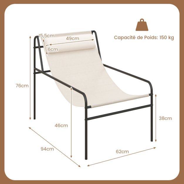 Helloshop26 - Chaise longue de jardin en textilène appui-tête amovible patins antidérapants cadre en métal charge 160 kg beige - Imagen 4