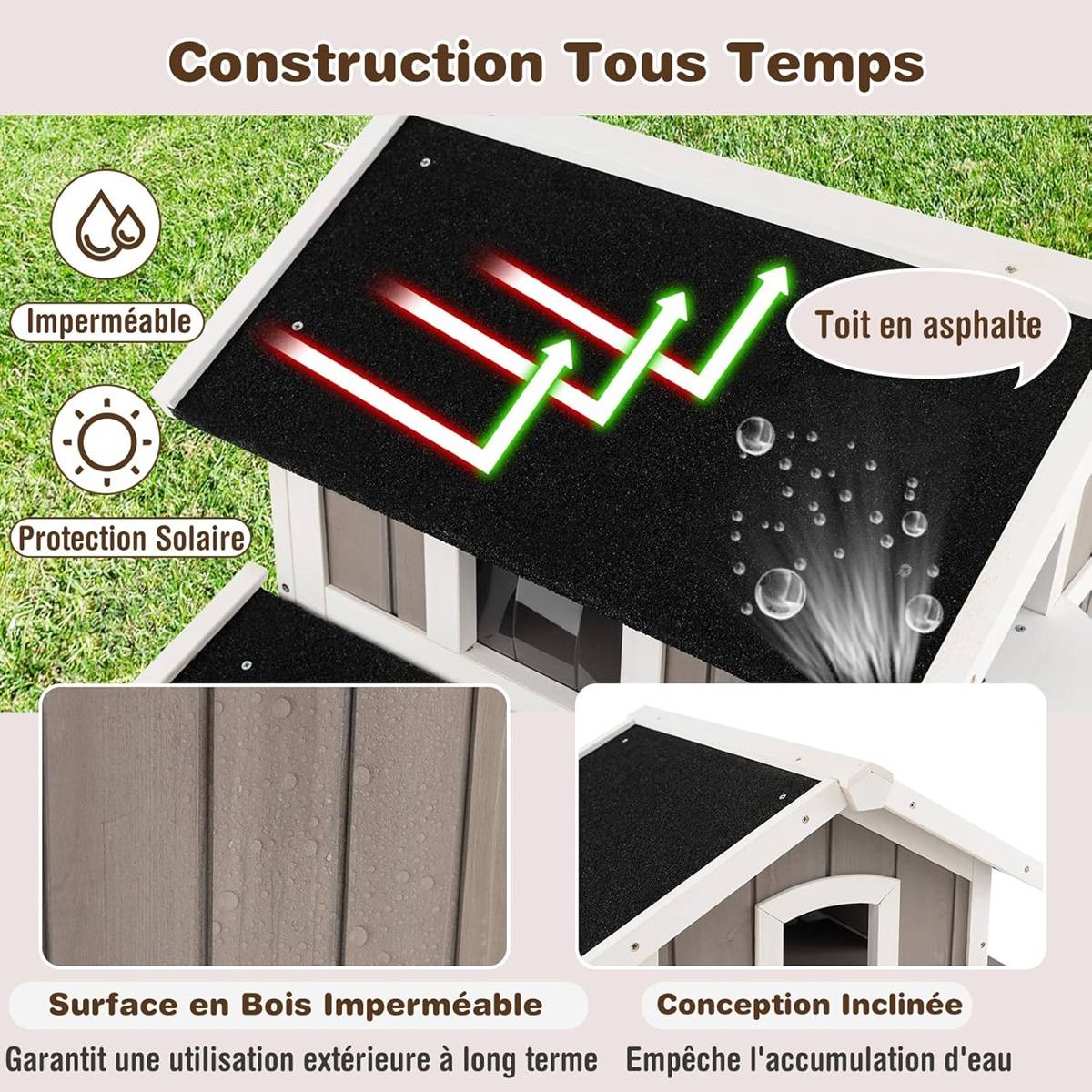 Maison pour Chat d'Extérieur 2 Etages en Bois avec Portes Rideaux en PVC Toit en Asphalte Résistant aux Intempéries Jardinière Gris - Image 6