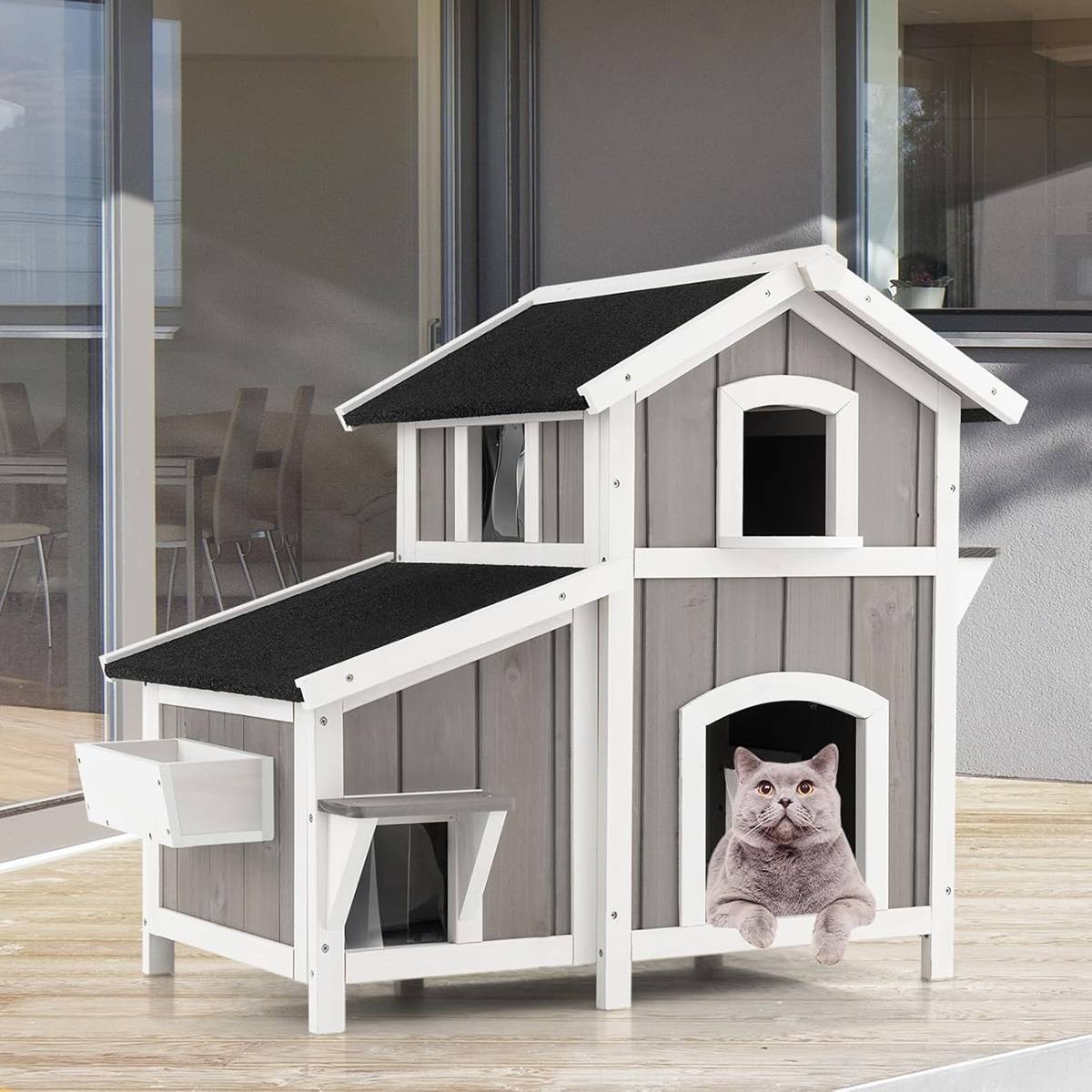 Maison pour Chat d'Extérieur 2 Etages en Bois avec Portes Rideaux en PVC Toit en Asphalte Résistant aux Intempéries Jardinière Gris - Image 3