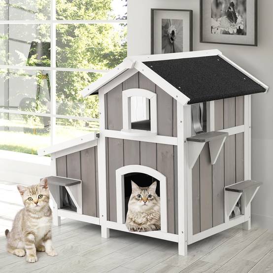 Maison pour Chat d'Extérieur 2 Etages en Bois avec Portes Rideaux en PVC Toit en Asphalte Résistant aux Intempéries Jardinière Gris - Image 2