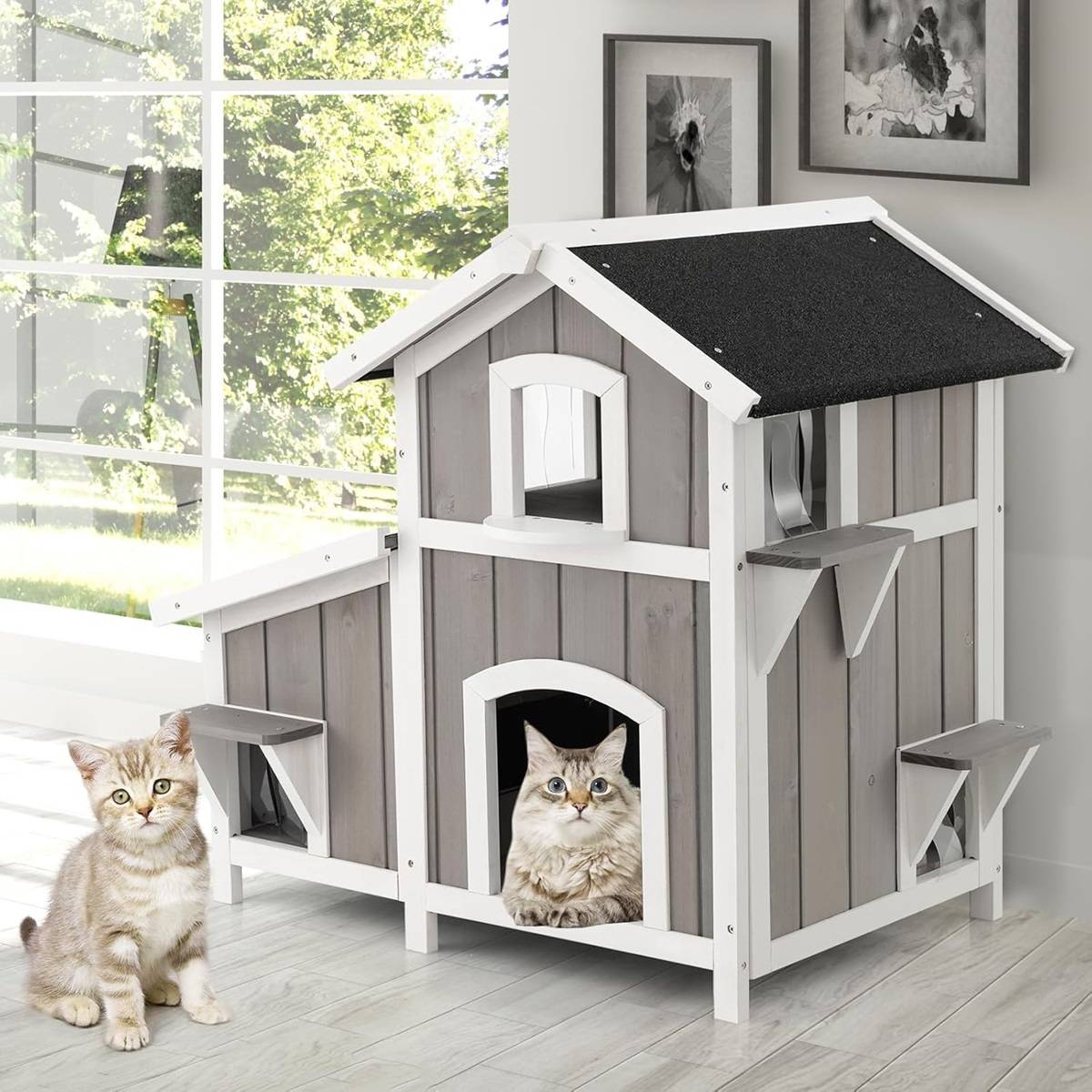 Maison pour Chat d'Extérieur 2 Etages en Bois avec Portes Rideaux en PVC Toit en Asphalte Résistant aux Intempéries Jardinière Gris - Image 2