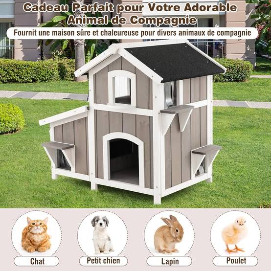 Maison pour Chat d'Extérieur 2 Etages en Bois avec Portes Rideaux en PVC Toit en Asphalte Résistant aux Intempéries Jardinière Gris - Image 8