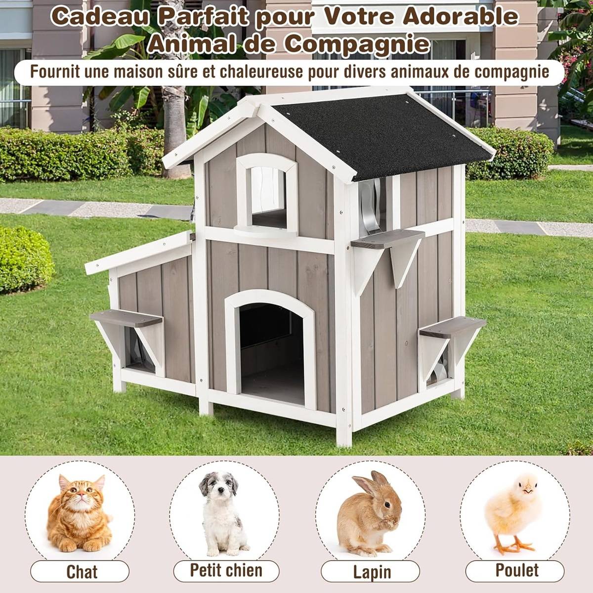 Maison pour Chat d'Extérieur 2 Etages en Bois avec Portes Rideaux en PVC Toit en Asphalte Résistant aux Intempéries Jardinière Gris - Image 8