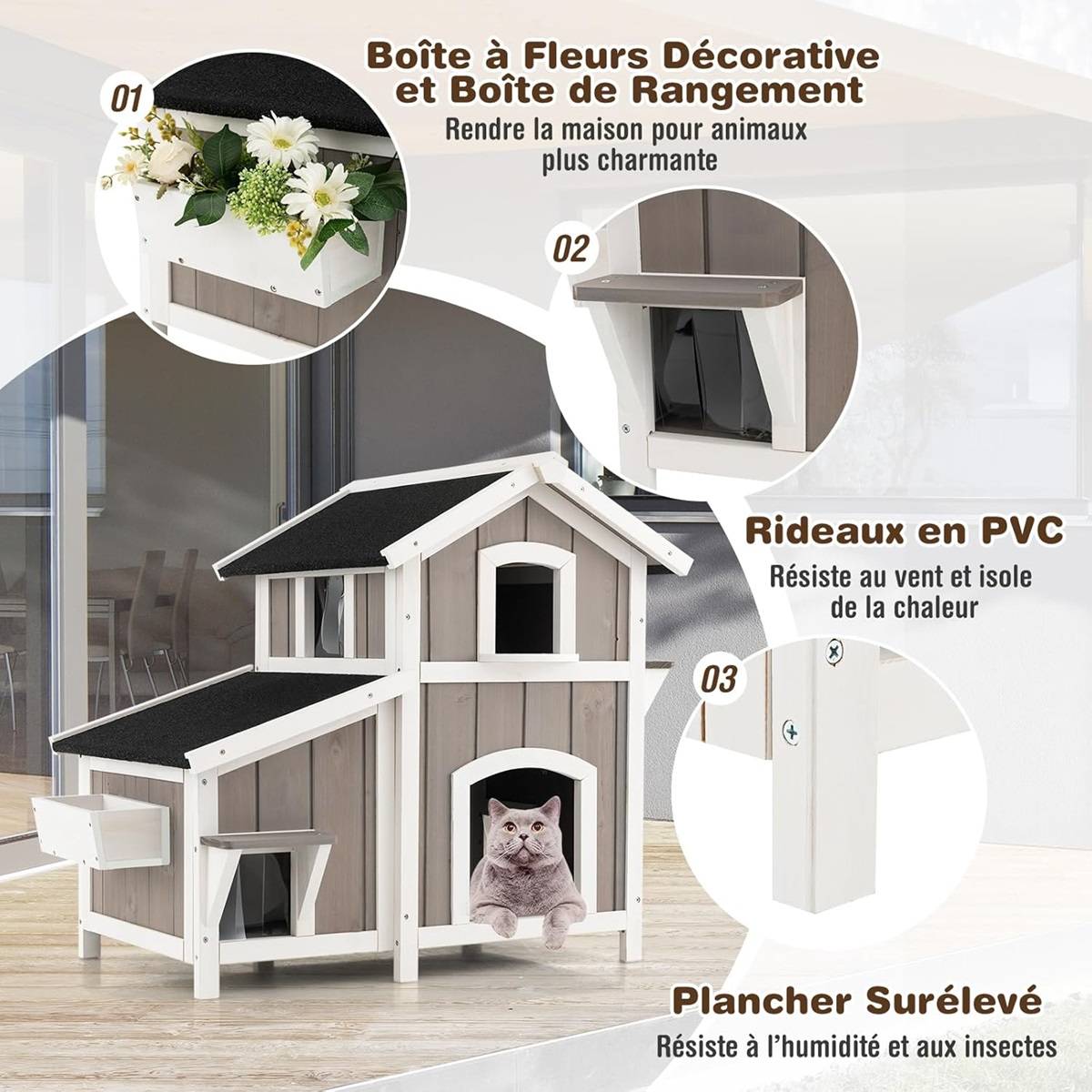 Maison pour Chat d'Extérieur 2 Etages en Bois avec Portes Rideaux en PVC Toit en Asphalte Résistant aux Intempéries Jardinière Gris - Image 4