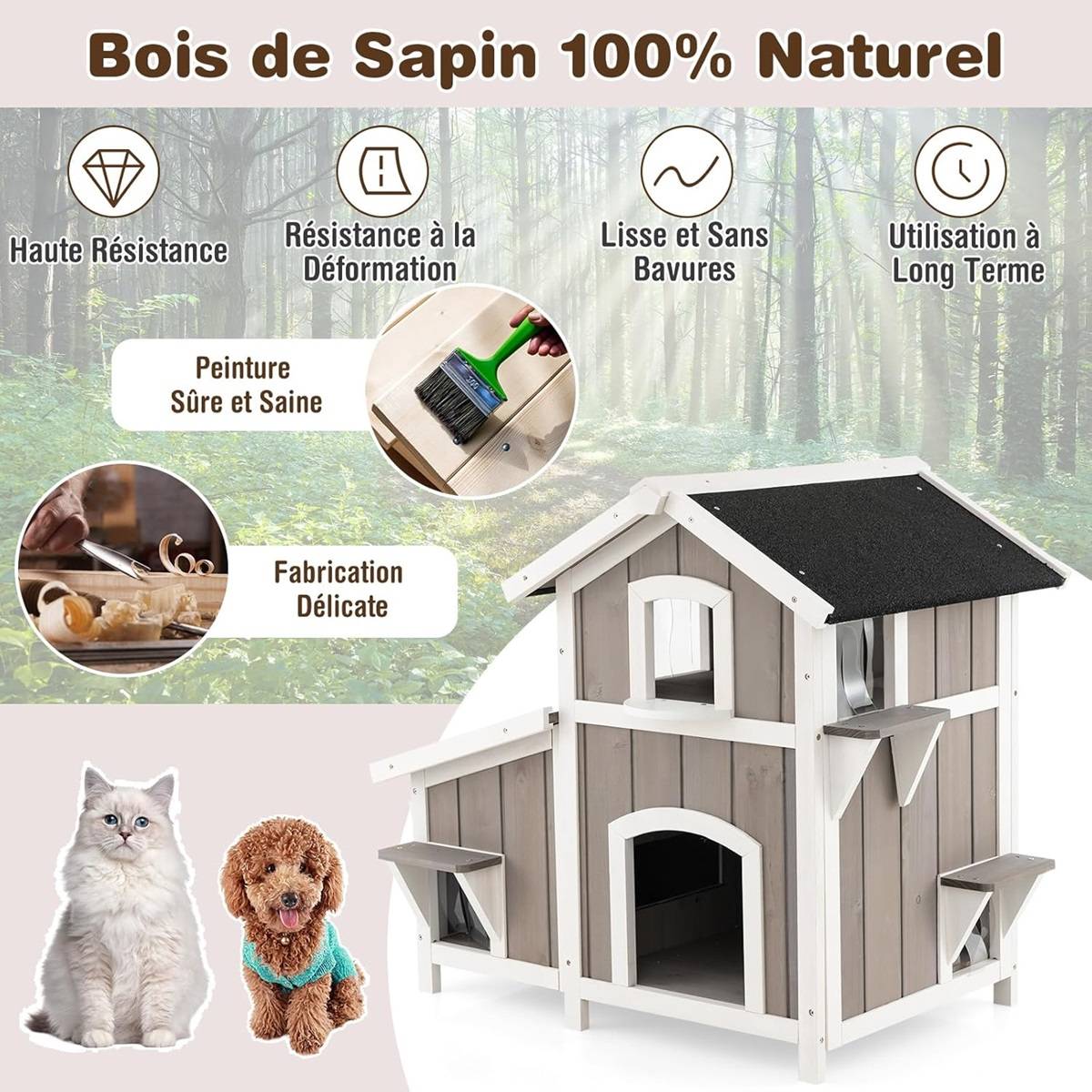 Maison pour Chat d'Extérieur 2 Etages en Bois avec Portes Rideaux en PVC Toit en Asphalte Résistant aux Intempéries Jardinière Gris - Image 7