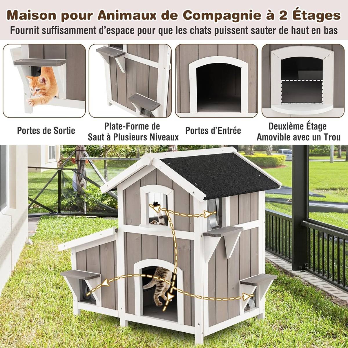 Maison pour Chat d'Extérieur 2 Etages en Bois avec Portes Rideaux en PVC Toit en Asphalte Résistant aux Intempéries Jardinière Gris - Image 5