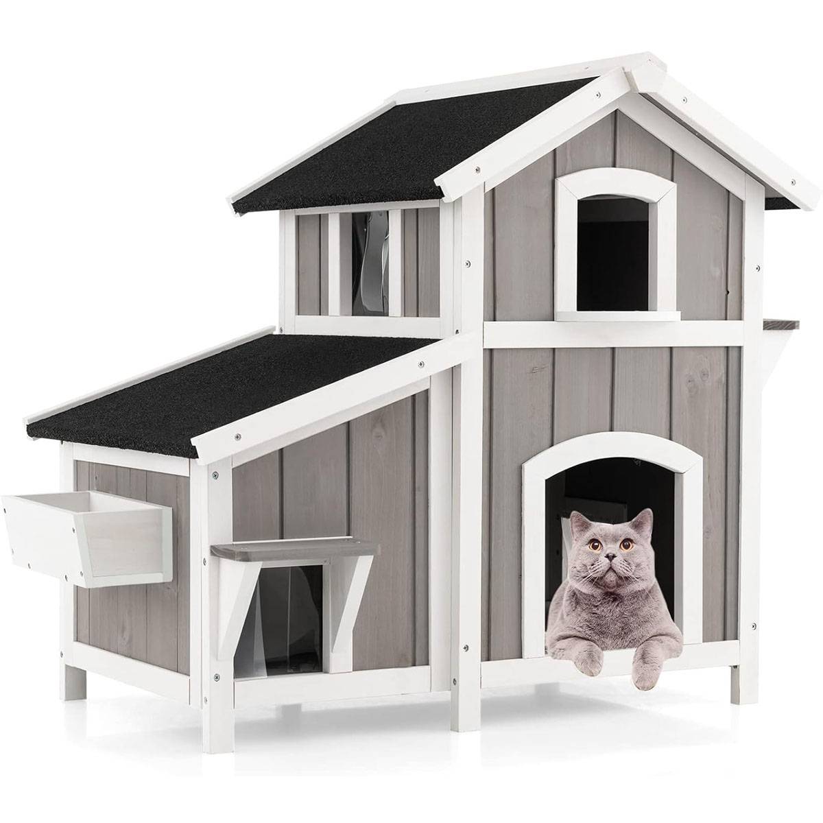 Maison pour Chat d'Extérieur 2 Etages en Bois avec Portes Rideaux en PVC Toit en Asphalte Résistant aux Intempéries Jardinière Gris