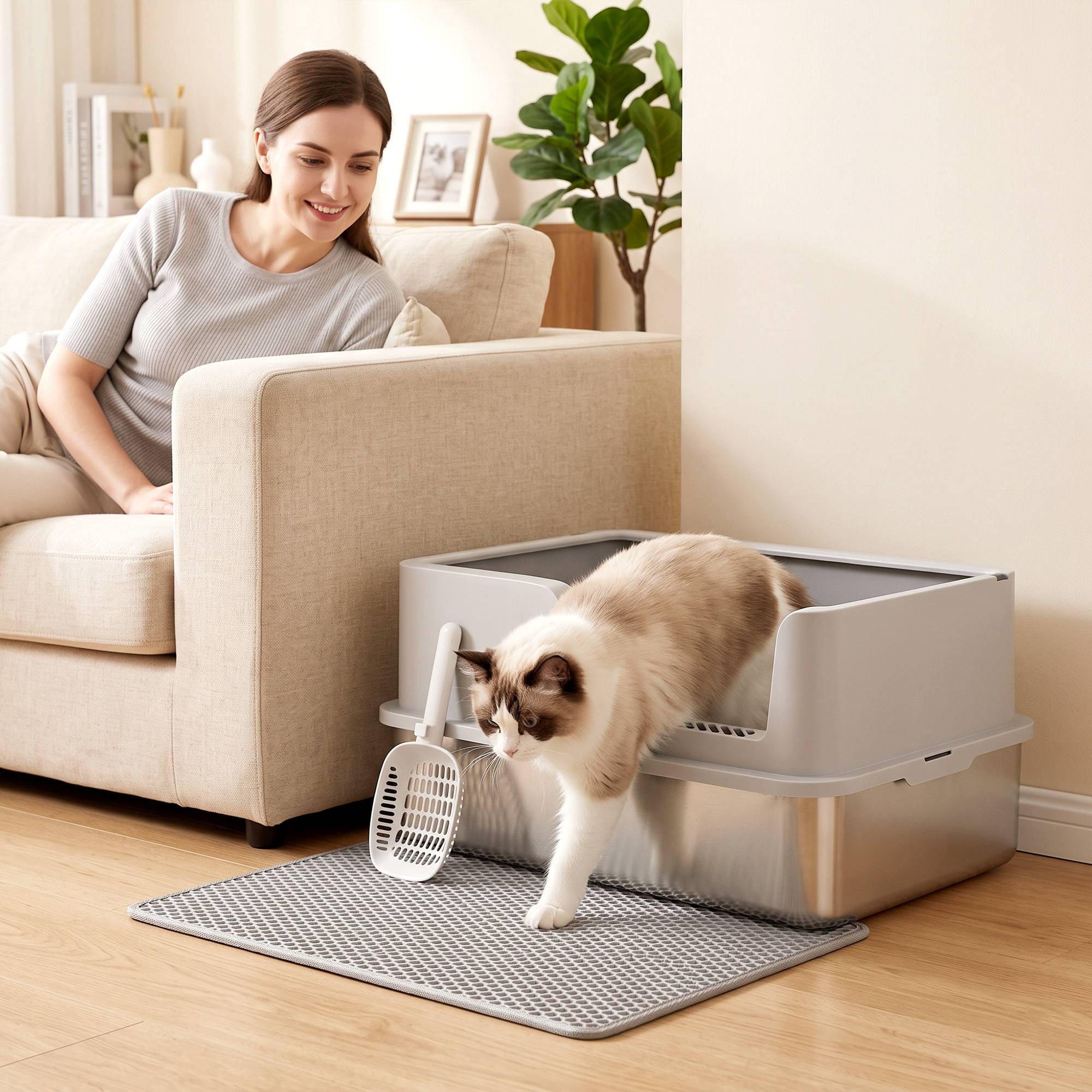 Litière semi-fermée XL avec tapis, 30L, gris clair - Image 3