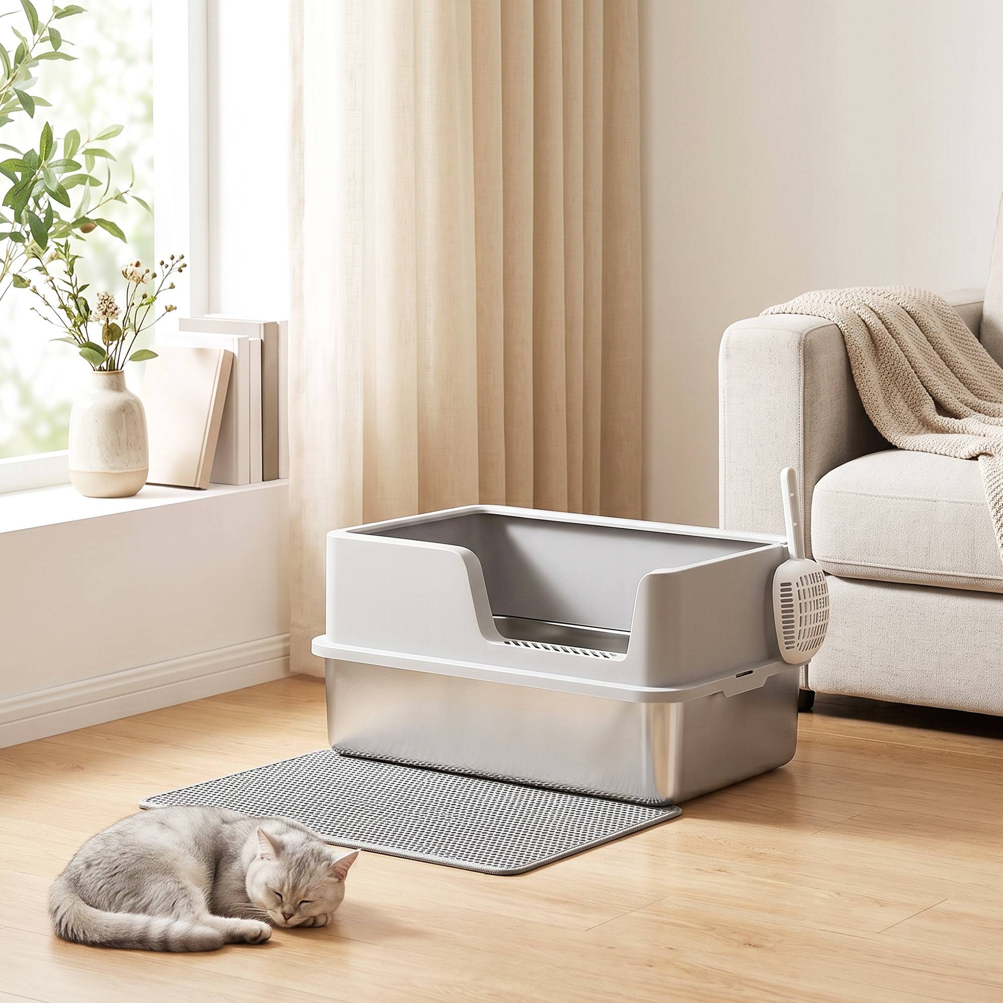 Litière semi-fermée XL avec tapis, 30L, gris clair - Image 4