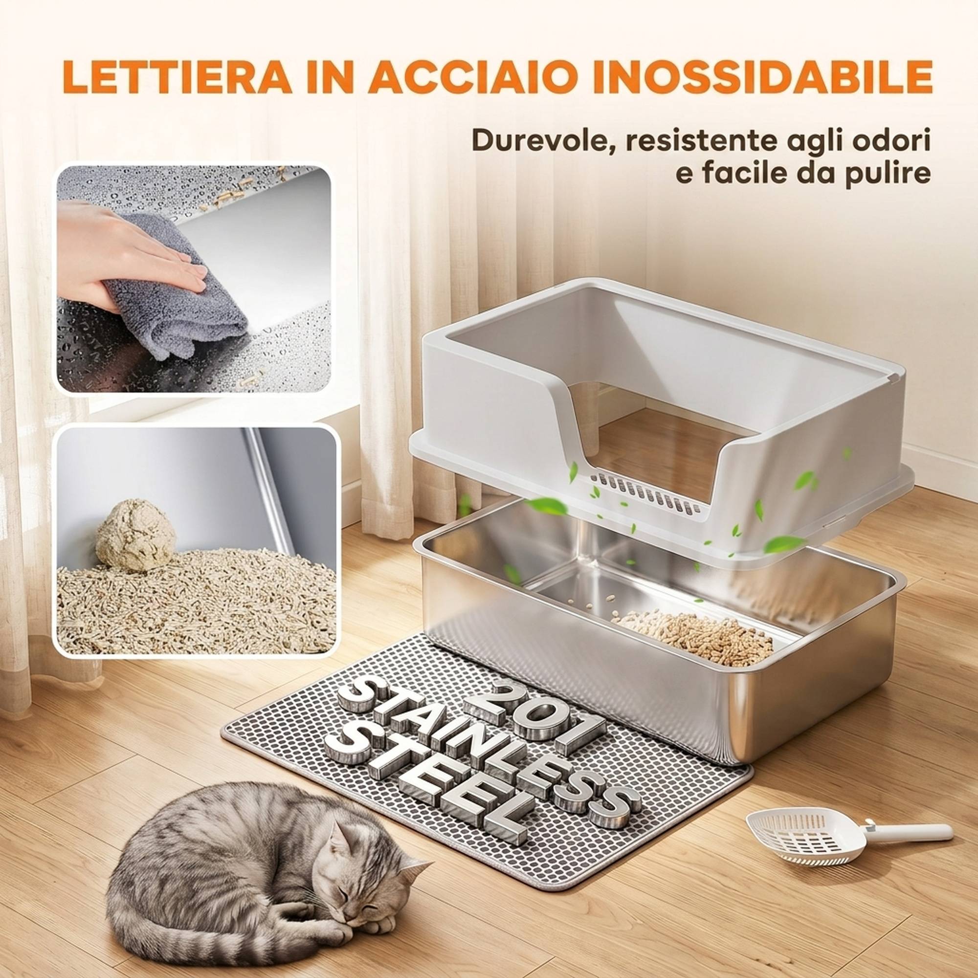 Litière semi-fermée XL avec tapis, 30L, gris clair - Image 6