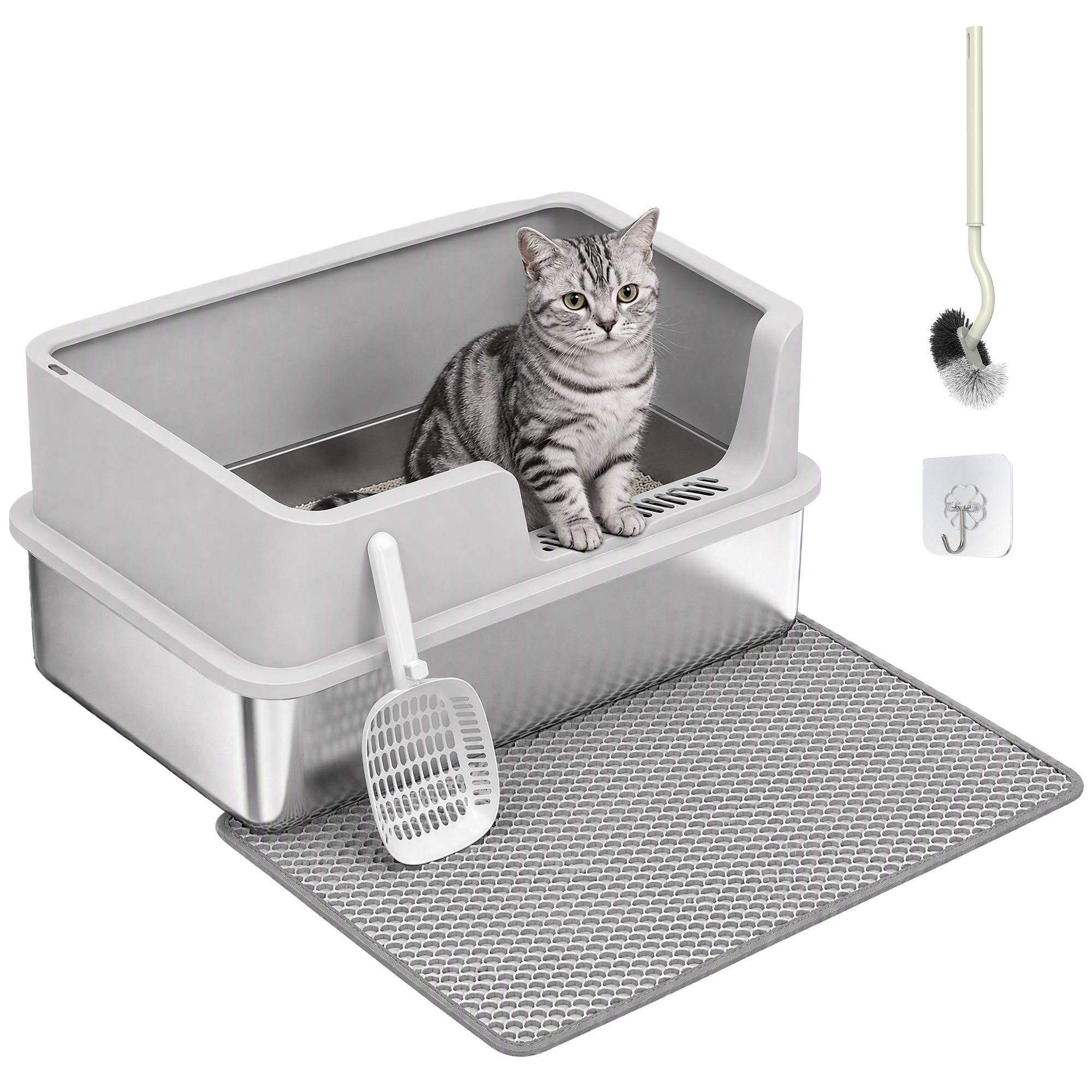 Litière semi-fermée XL avec tapis, 30L, gris clair - Image 1