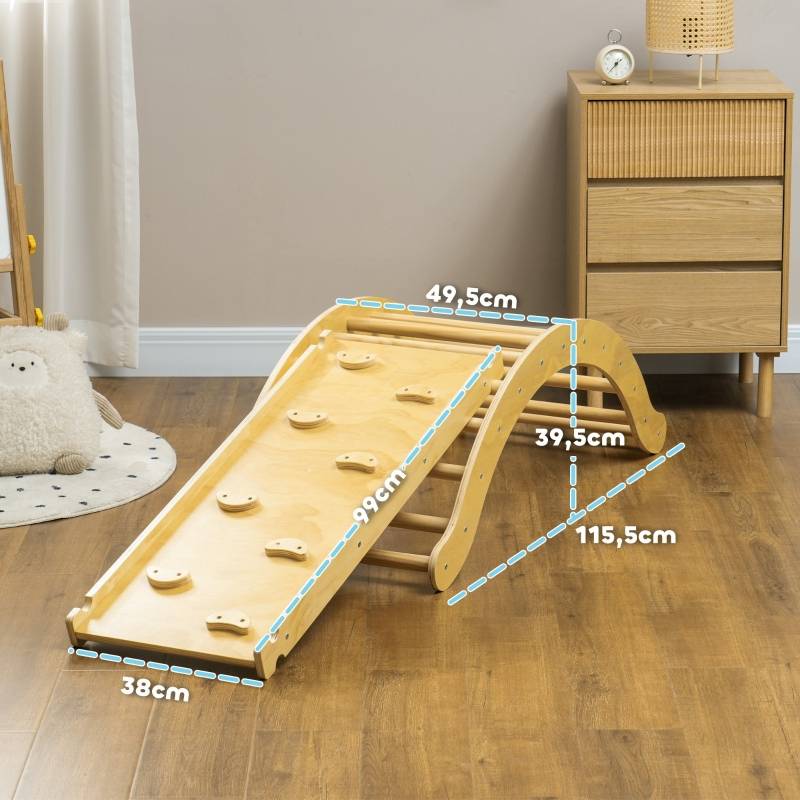 Kit d’escalade 4-en-1 avec arche-pont, balançoire à bascule, coussin et rampe de glisse, pour intérieur, bois - Image 3