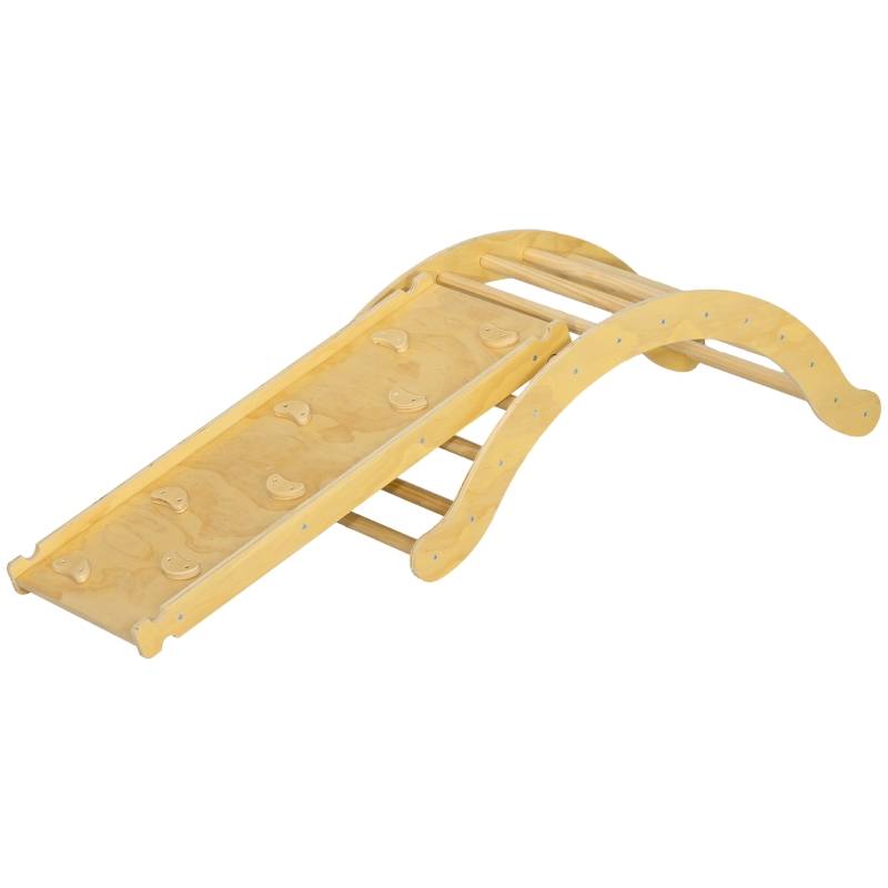 Kit d’escalade 4-en-1 avec arche-pont, balançoire à bascule, coussin et rampe de glisse, pour intérieur, bois