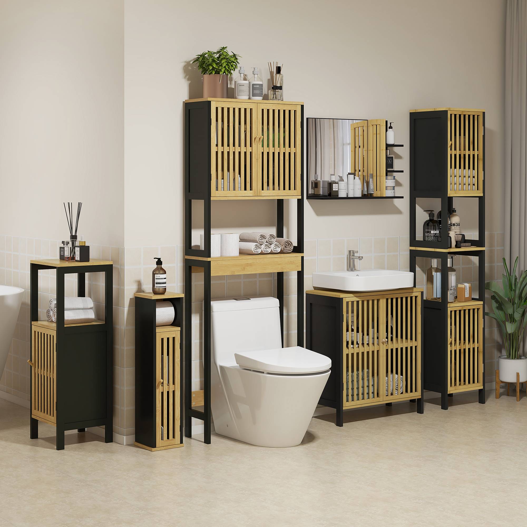 Meuble salle de bain bambou et MDF avec étagère ouverte et placard, rangement compact 18x18x75 cm noir bois moderne - Image 3