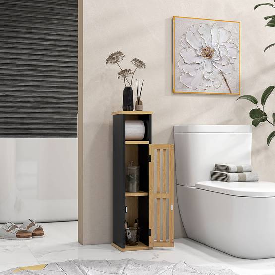 Meuble salle de bain bambou et MDF avec étagère ouverte et placard, rangement compact 18x18x75 cm noir bois moderne - Image 4