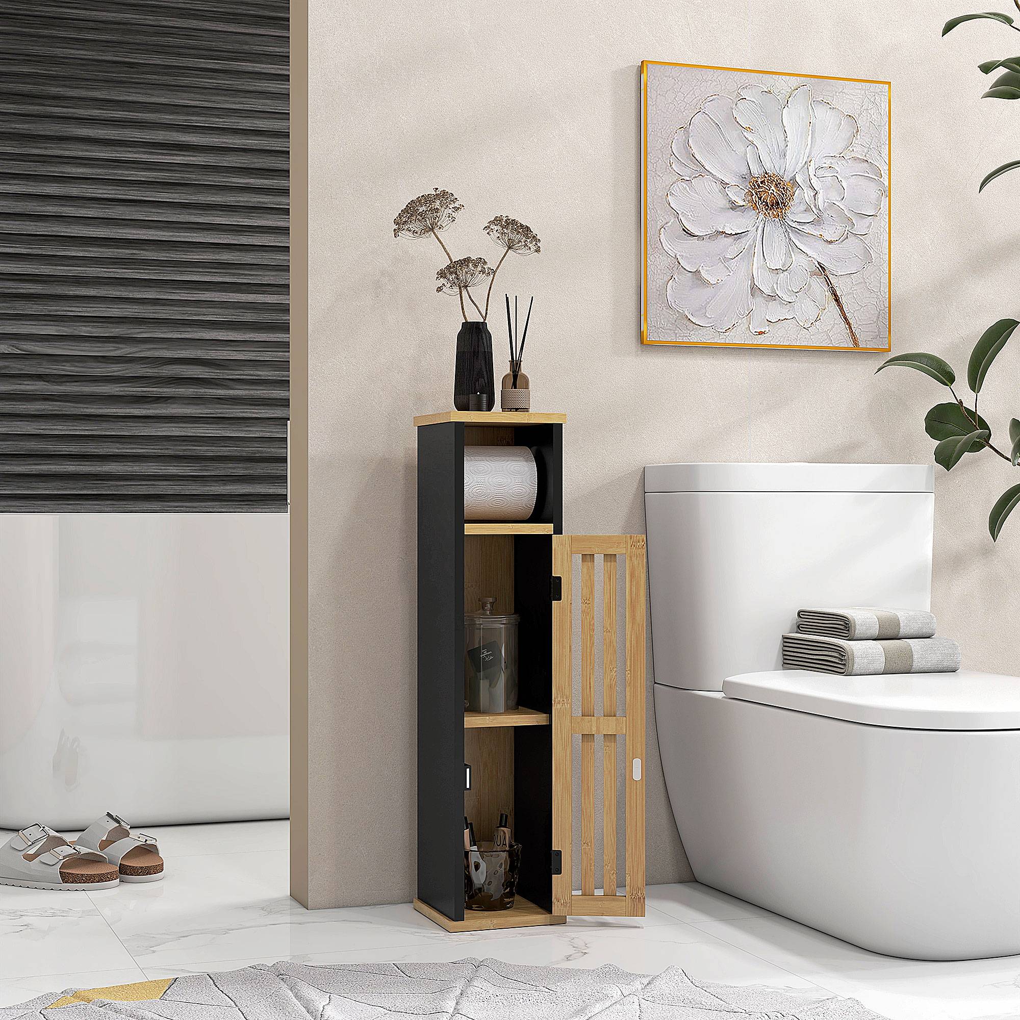 Meuble salle de bain bambou et MDF avec étagère ouverte et placard, rangement compact 18x18x75 cm noir bois moderne - Image 4