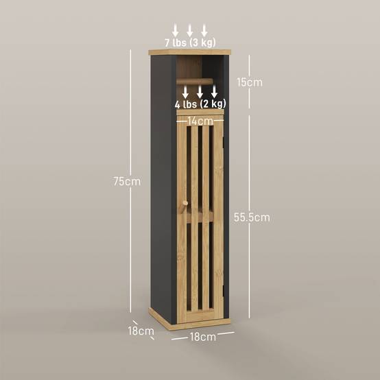 Meuble salle de bain bambou et MDF avec étagère ouverte et placard, rangement compact 18x18x75 cm noir bois moderne - Image 5