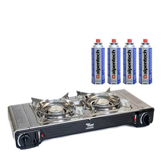 Réchaud à gaz 2 feux 4400W Thermocouple intégré + 4 cartouches de gaz 250gr ALPEN Camping - Imagen 1