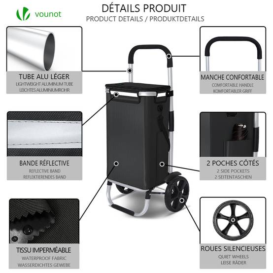 Chariot de course pliable aluminium 2 roues avec sac isotherme noir - Image 2