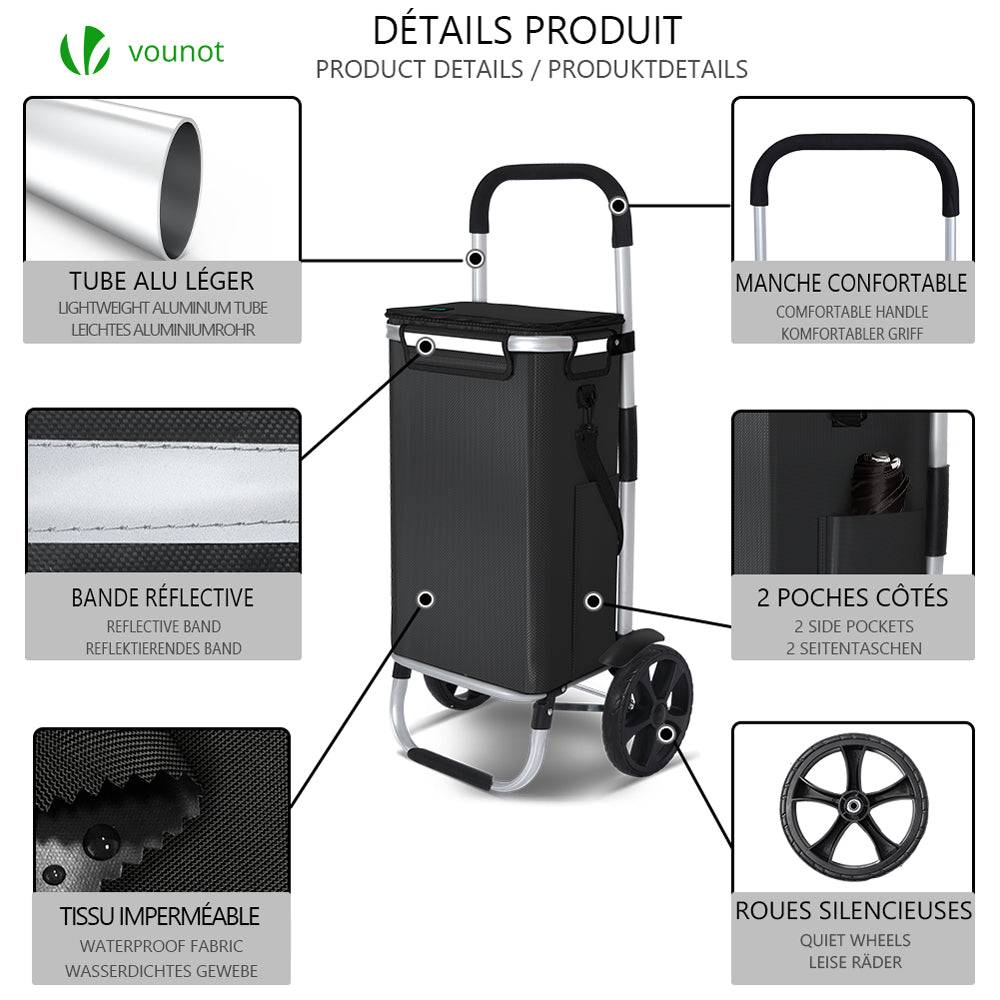 Chariot de course pliable aluminium 2 roues avec sac isotherme noir - Image 2