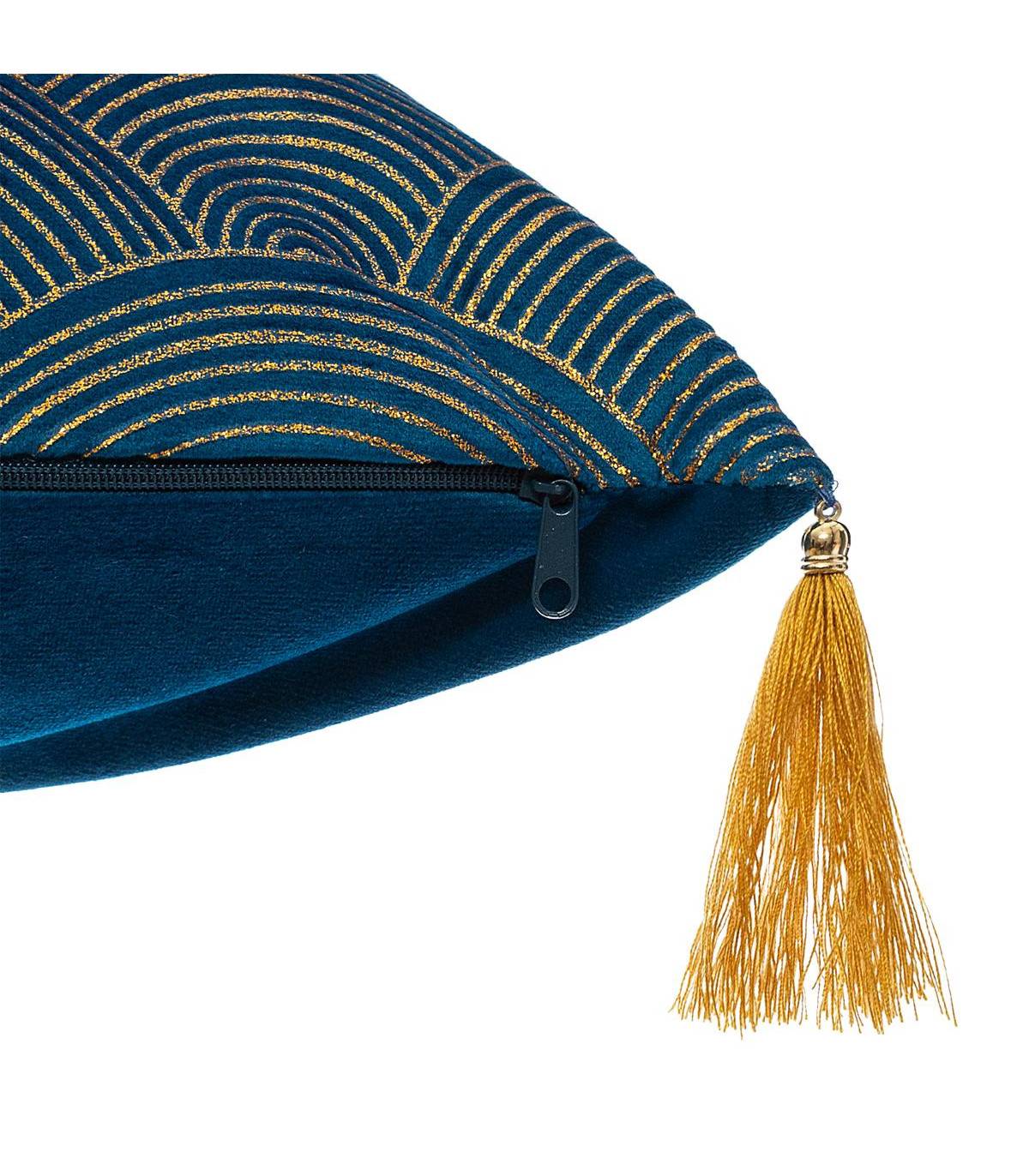 Atmosphera - Coussin déhoussable Velours Bleu Motif Or brillant et Pompons 40 x 40 cm - Imagen 3