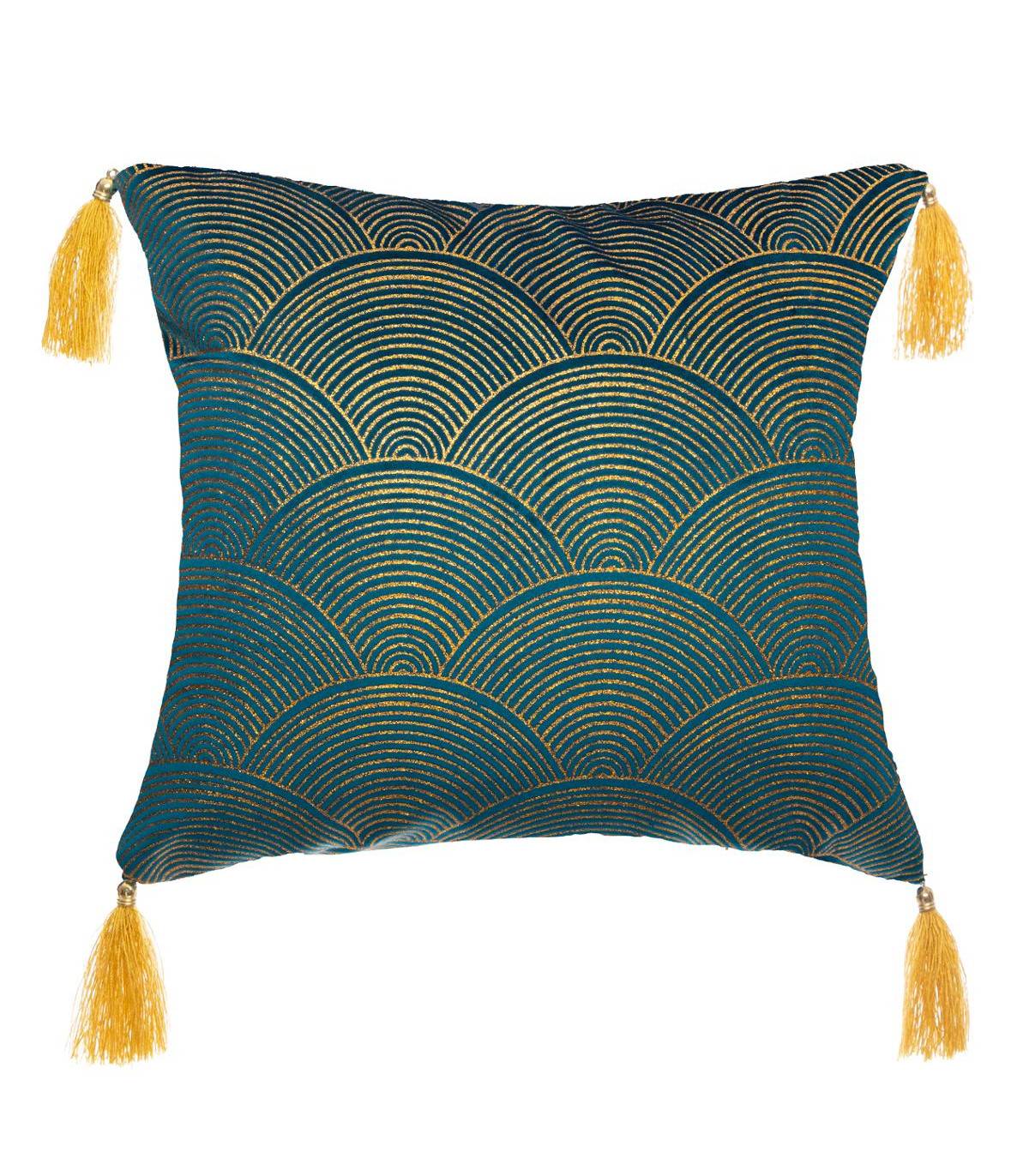 Atmosphera - Coussin déhoussable Velours Bleu Motif Or brillant et Pompons 40 x 40 cm - Imagen 1