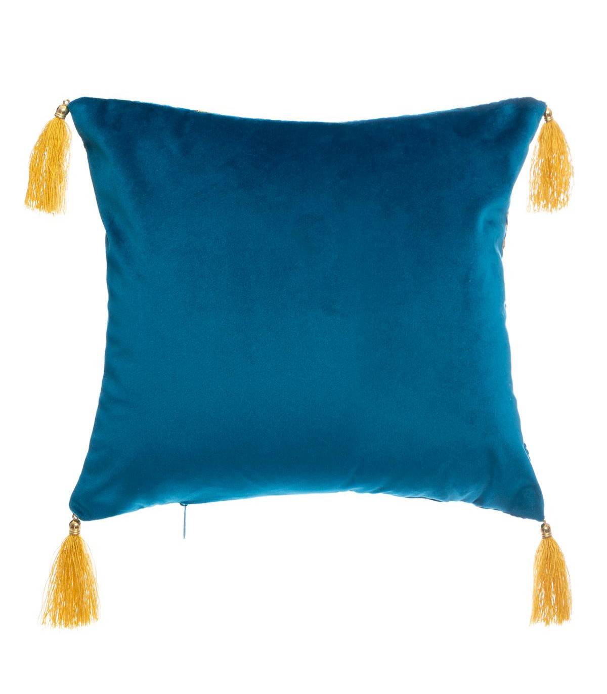 Atmosphera - Coussin déhoussable Velours Bleu Motif Or brillant et Pompons 40 x 40 cm - Imagen 2