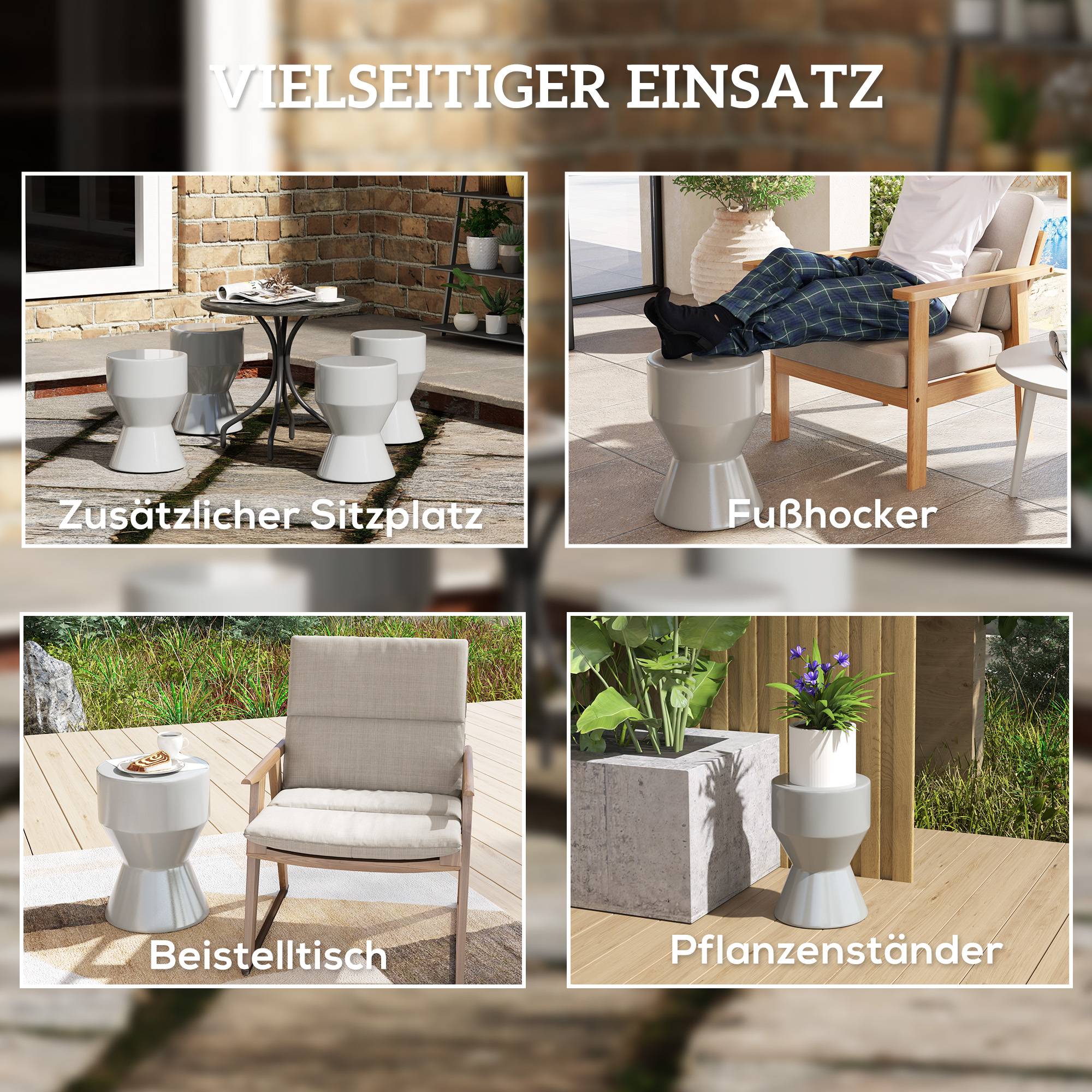 Tabouret de jardin en céramique forme sablier, capacité 120 kg, Ø33 x 45,5 cm, Gris clair, résistant aux intempéries - Image 7