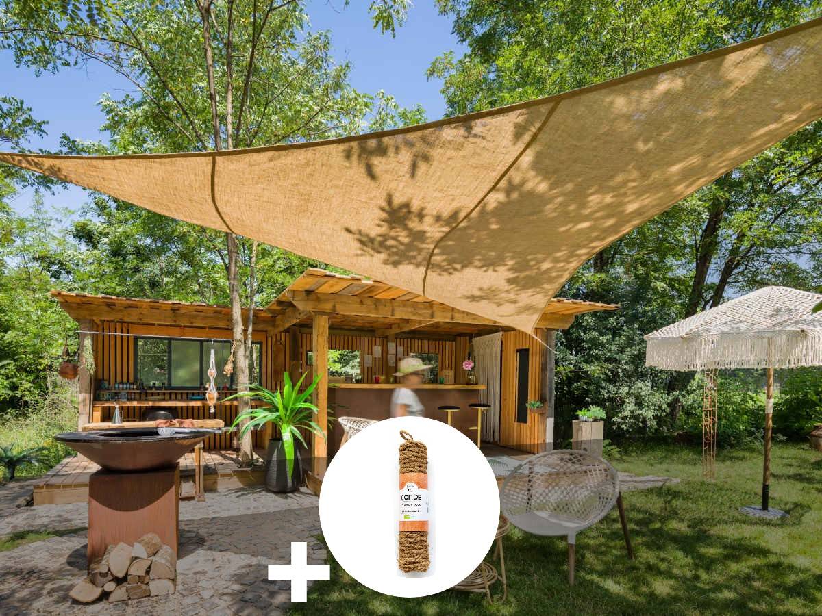 Voile d'ombrage Naturelle Jute Triangulaire 3 m + 1 corde fibre de coco 12 m - Jardiline