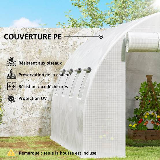 Bâche de rechange serre tunnel 12 m² 4 x 3 x 2 m PE anti-UV imperméable 8 fenêtres + porte enroulable zippée blanc - Image 8