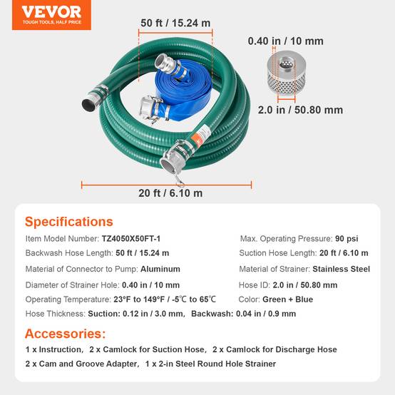 VEVOR Kit tuyau aspiration pompe eau, diamètre 50,8 mm x 15,24 m. Crépine acier. - Image 7